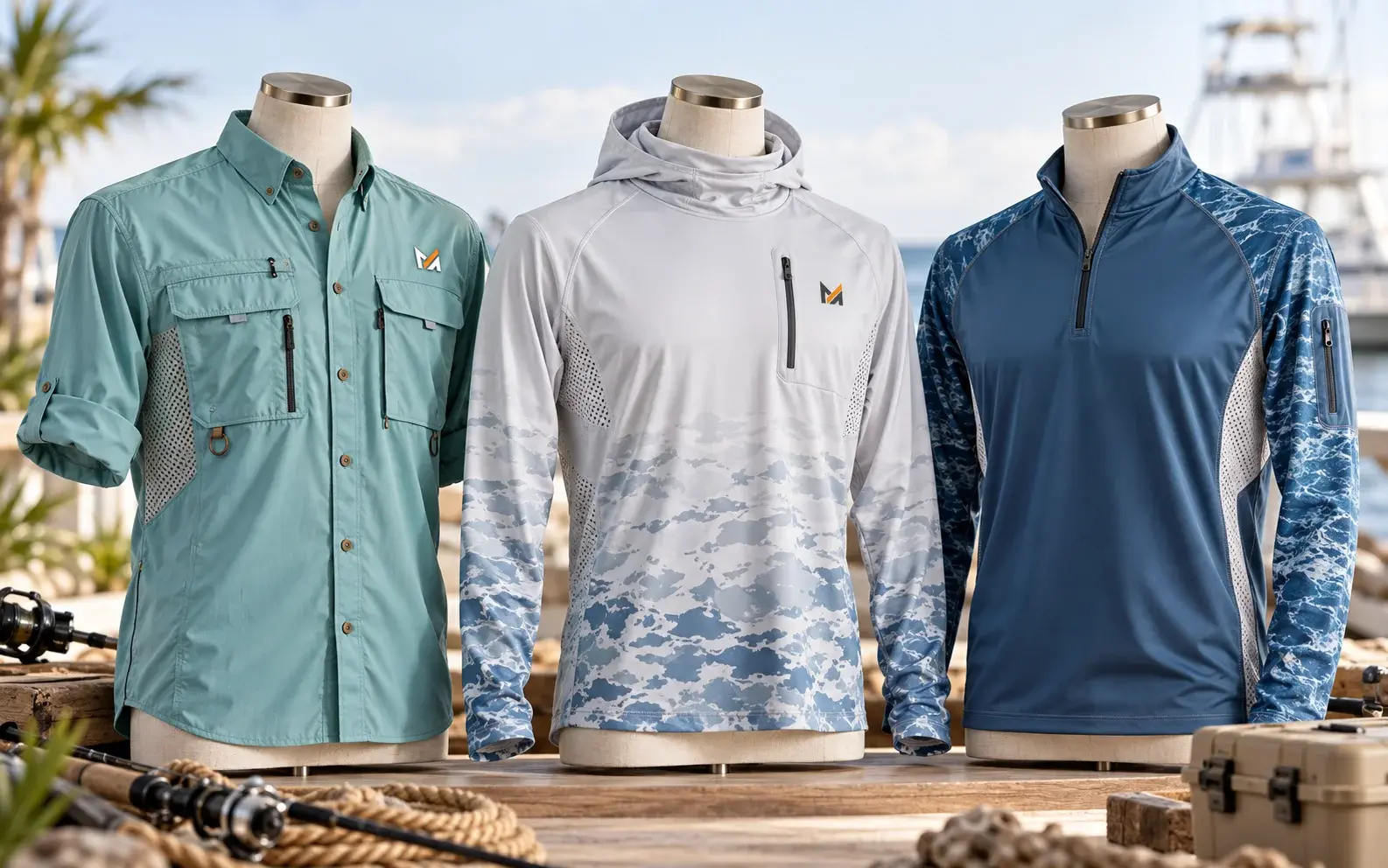 Three custom fishing shirts displayed on mannequins, including a vented button-down shirt, hooded performance fishing shirt, and quarter-zip fishing top, with subtle Mega Apparel logos in a coastal marina setting.